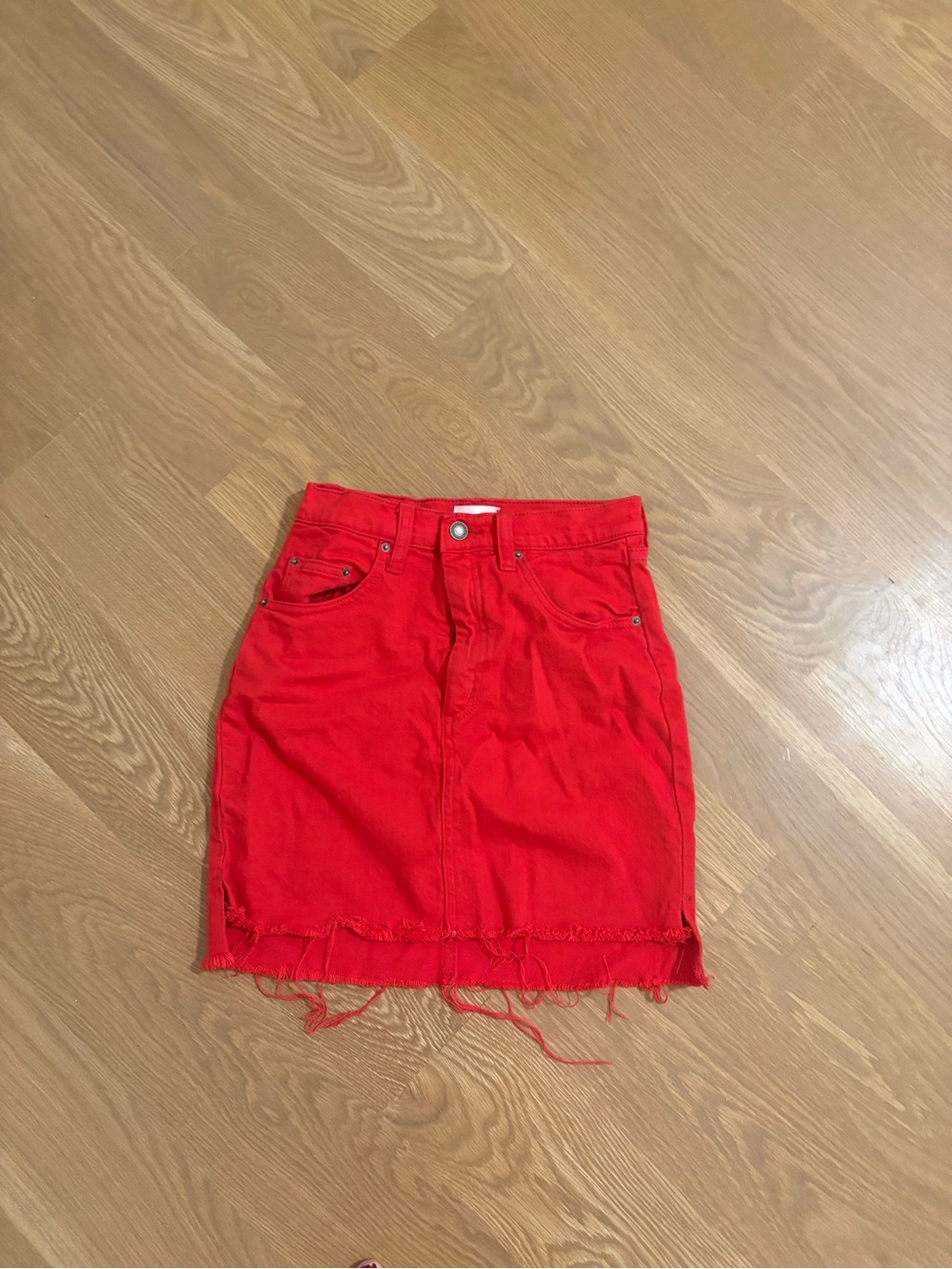 Aritzia Red Denim Mini Skirt with Frayed Hem in Size 4